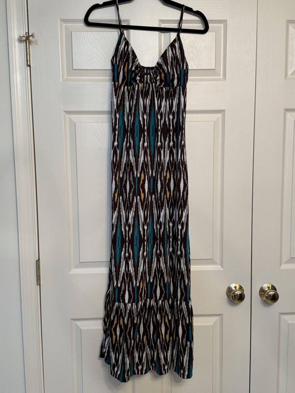 Weavers Tribal Ikat Print Spaghetti Strap Tiered Maxi Dress, Size Medium